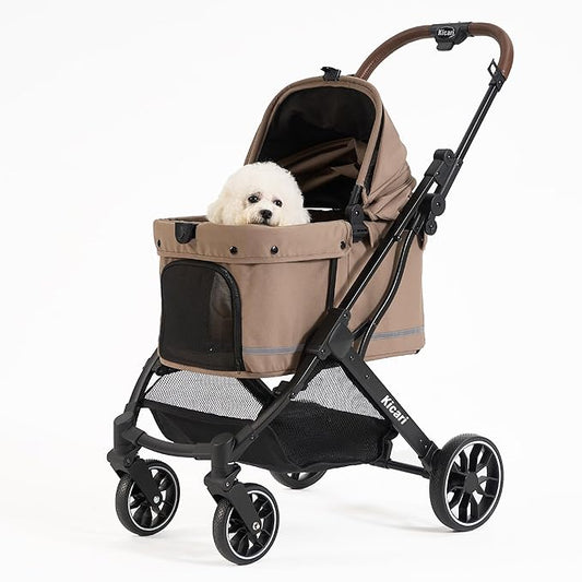 All-Terrain Dog Stroller for Small to Medium Dogs, Pet Stroller for Dogs & Cats Outdoor Walks, One-Hand Easy Fold, Double-Layer Anti-UV & Waterproof Canopy & Breathable Mesh, Mocha Brown