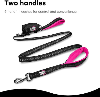 Black Rhino Heavy Duty Dog Leash for Medium and Large Dogs - 6 ft Long Double Handle Leash with Padded Traffic Control Handles and Bag for Comfort - Reflective, Durable, and Weather Resistant (Pink)