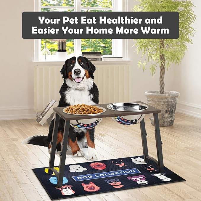 Raised Dog Bowl with Spill-Proof Mat, 4 Adjustable Heights, Two 3000ML Stainless Steel Bowls with Slow Feeder, Elevated Food & Water Bowls for Medium, Large, and Extra Large Dogs