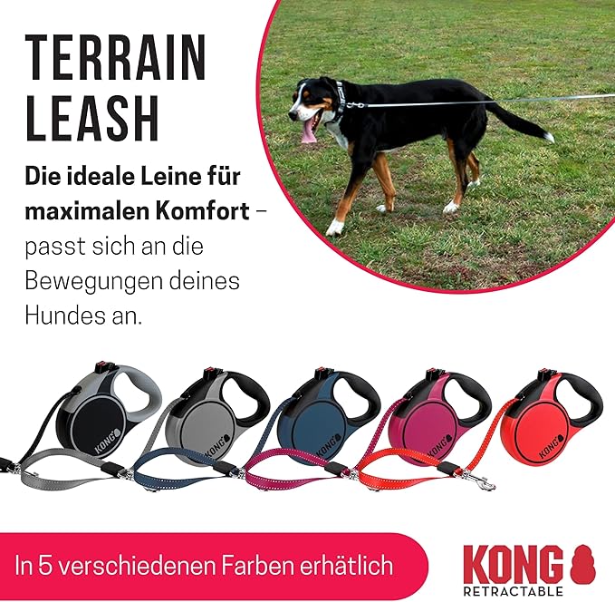 Alcott Kong Terrain Retractable Dog Leash, Medium, Grey, 16' Long.