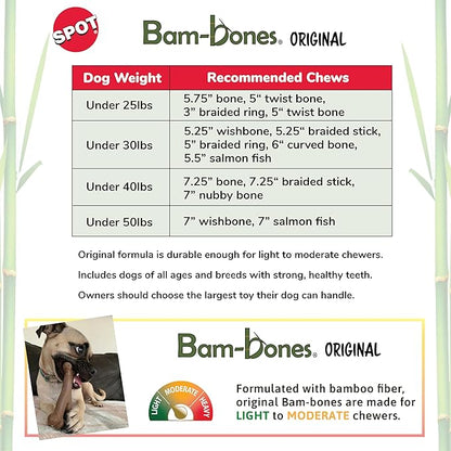 SPOT Bam-Bones Bone - Made with Strong Bamboo Fiber, Durable Long Lasting Dog Chew for Light to Moderate Chewers, Great Toy for Adult Dogs & Teething Puppies under 40lbs, 7.25in, Bacon Flavor
