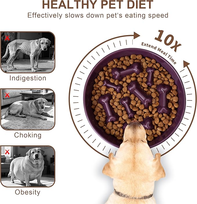 Ceramic Slow Feeder Dog Bowls, Ceramic Slow Feeder Maze Dog Food Bowl, Slow Eating Dog Bowl and Slow Feeder Dog Bowl Anti-Choking for Daily Pet Feeding （Purple Bone）