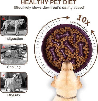 Ceramic Slow Feeder Dog Bowls, Ceramic Slow Feeder Maze Dog Food Bowl, Slow Eating Dog Bowl and Slow Feeder Dog Bowl Anti-Choking for Daily Pet Feeding （Purple Bone）