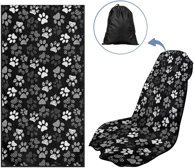 SEANATIVE White Dogs Paw Car Drying Towels & Seat Protectors - Heavy-Duty Absorber Towel for Car Wash Car Seat Covers, Post-Workout & Dog Owners (33.1" x 60.67")