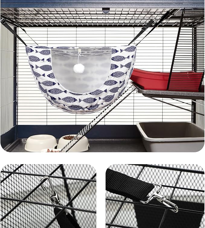 Unittype 2 Pieces Cat Cage Hammock Hanging Pet Bed Double Layer Soft Plush Hanging Pet Comfortable Hammock Bed for Indoor Kitten Ferret Hamster Rabbit or Small Animals, 2 Styles(Fish)