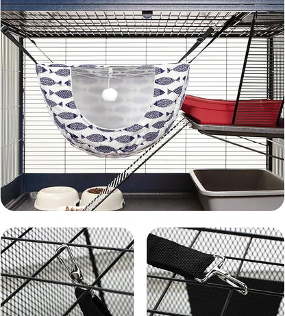 Unittype 2 Pieces Cat Cage Hammock Hanging Pet Bed Double Layer Soft Plush Hanging Pet Comfortable Hammock Bed for Indoor Kitten Ferret Hamster Rabbit or Small Animals, 2 Styles(Fish)