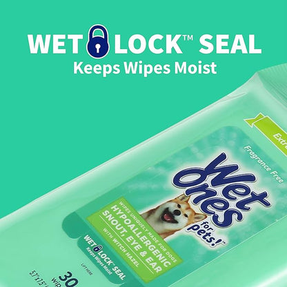 Wet Ones for Pets Extra Gentle Dog Wipes with Witch Hazel for Snout, Eye, Ear - Fragrance-Free Wipes for Dogs with Wet Lock Seal, 30 Count - 8 Pack