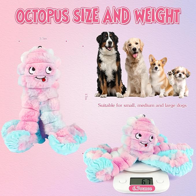 Tough Octopus Dog Toy, Interactive Squeaky & Crinkle Tug of War Toy for Aggressive Chewers, Large Durable Plush Chew Toys to Keep Dogs Busy- Crinkle Octopus, Large (Pink)