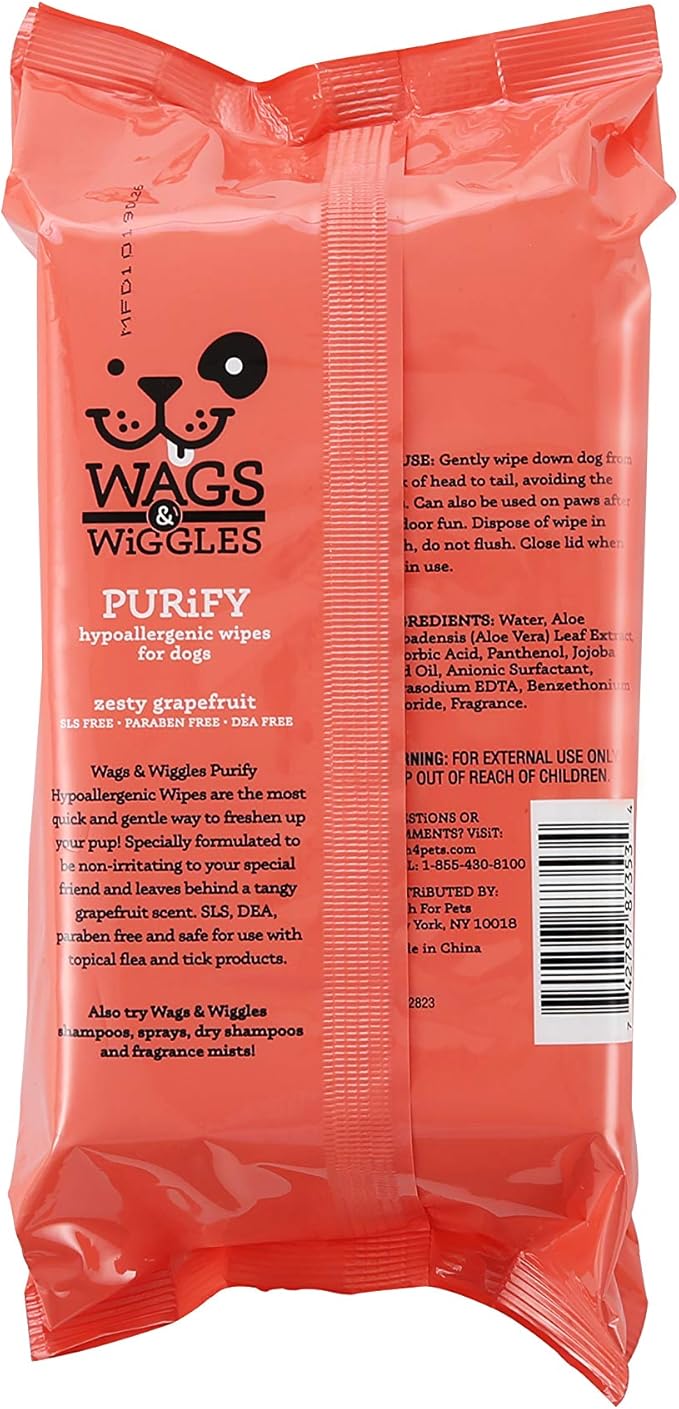 Wags & Wiggles Purify Hypoallergenic Dog Wipes for Sensitive Skin, Paw and Body Grooming Wipes with Gentle Plant Based Formula for Everyday Cleaning, Zesty Grapefruit Scent, 100 Count - 12 Pack