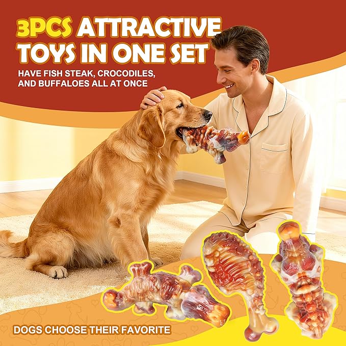 Dog Chew Toys for Aggressive Chewers,3 PCS Tough Dog Toys for Medium and Large Breed, Real Bacon Flavored Best Dog Toys to Keep Them Busy, Reduce Boredom, Hard Dog Bones for Teeth Cleaning(Yellow)