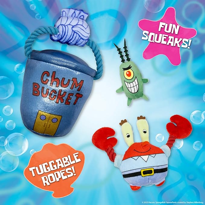 design LAB, Inc. Spongebob Squarepants Official Merchandise | Plush Dog Toys with Tug Rope & Squeakers | Nesting Toy Set of 3 | Plankton, Mr. Krabs & Iconic Chum Bucket
