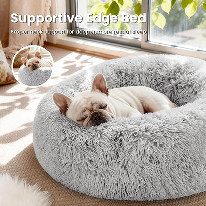 Love's cabin Calming Cat Bed for Indoor Cats, Anti-Anxiety Donut Round Dog Bed, Fluffy Faux Fur Washable Pet Bed for Small Medium Dogs and Cats,Grey,20in