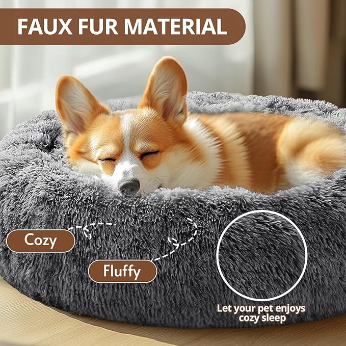 JOLLYVOGUE Calming Dog Bed Medium Size Dog, 31in Donut Washable Medium Pet Bed, Anti-Slip & Anti-Anxiety Fluffy Faux Fur Round Dogs Bed, Fits up to 45 lbs Pets (Smoke Black)