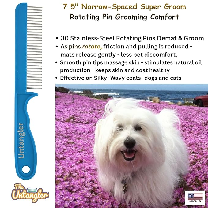 Super-Groom Combs with Smooth Rotating Teeth for Painless Mat Removal (Turquoise, 30 Fine Spaced-Teeth)