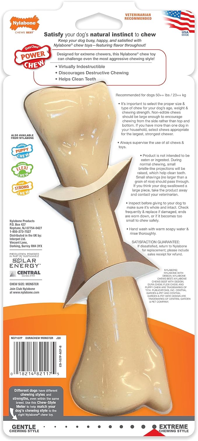 Nylabone Big Chew Monster Bone Power Chew Toy for Large Dogs, Durable Dog Toys for Aggressive Chewers, Destroy Proof Chew Toys To Keep Them Busy, Chicken Flavor, XX-Large, 50++ lbs, 1 Count