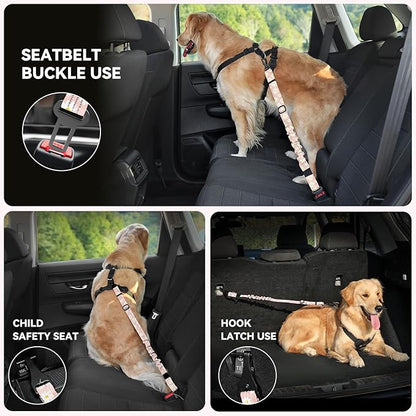 Pawaboo 2Pack Dog Seatbelt for Car, 3-in-1 Dog Car Seat Belt Bungee, Dogs Tether for Cars with Buckle & Hook Latch, Adjustable Reflective Dogs Cars Harness Leash with 360° Lockable Buckle, Light Pink