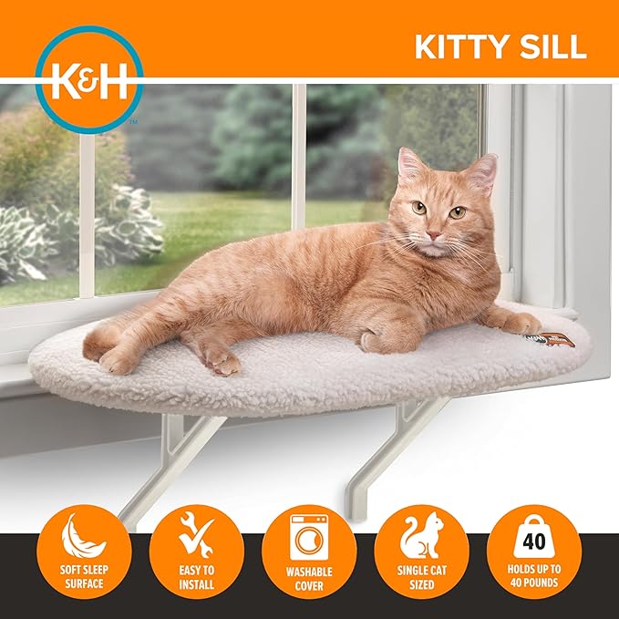 K&H Cat Window Perch Kitty Sill - Cat Window Hammock Bed with Strong Suction Cups Hold 40 lbs, Cushioned Windowsill Bed for Indoor Cats, Washable Cover, Cream Fleece, 24 x 14 Inches