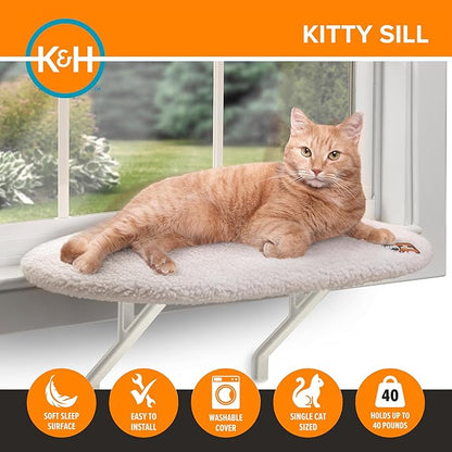 K&H Cat Window Perch Kitty Sill - Cat Window Hammock Bed with Strong Suction Cups Hold 40 lbs, Cushioned Windowsill Bed for Indoor Cats, Washable Cover, Cream Fleece, 24 x 14 Inches