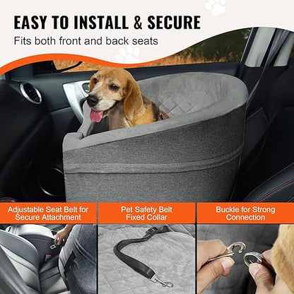 VEVOR Dog Car Seat, Waterproof Dog Booster Seat for Car with a Storage Pocket, Clip-On Safety Leash and Sponge Filling, Pet Bed for Small & Medium Dogs up to 55lbs, Gray
