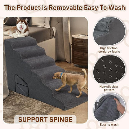 30 Inch Dog Stairs for High Bed, 6 Steps Memory Foam Pet Steps with 3 Ramps for Senior Dogs & Cats, Non-Slip Washable Pet Stairs for Couch Sofa Bed, Grey