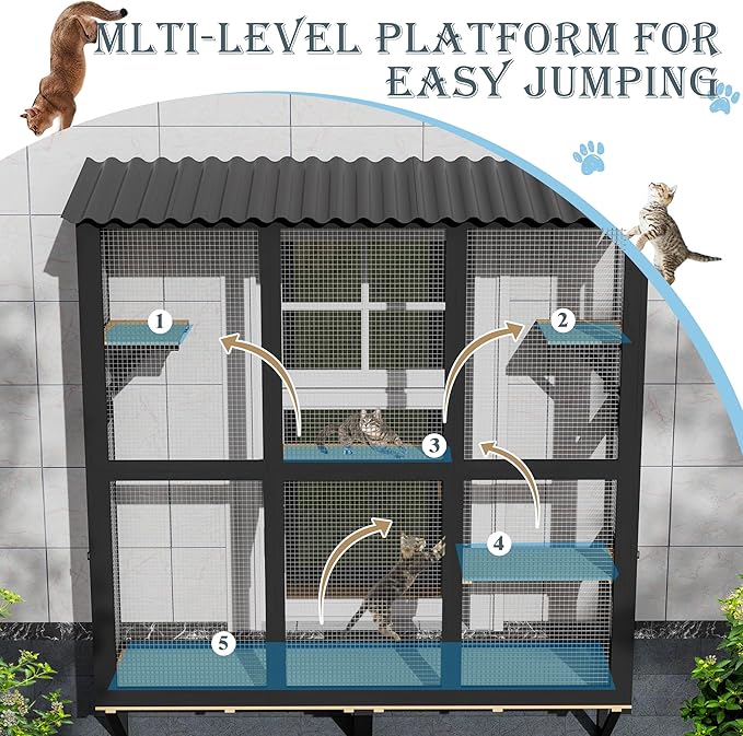 Large Catio Cat Window Box, Outdoor Cats Window Perch Enclosure for Indoor Cats with 4 Jump Platforms & 4 Doors, Kitten Cat Patio House Connected with Tunnels, All Weather Use (Black)