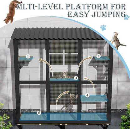 Large Catio Cat Window Box, Outdoor Cats Window Perch Enclosure for Indoor Cats with 4 Jump Platforms & 4 Doors, Kitten Cat Patio House Connected with Tunnels, All Weather Use (Black)