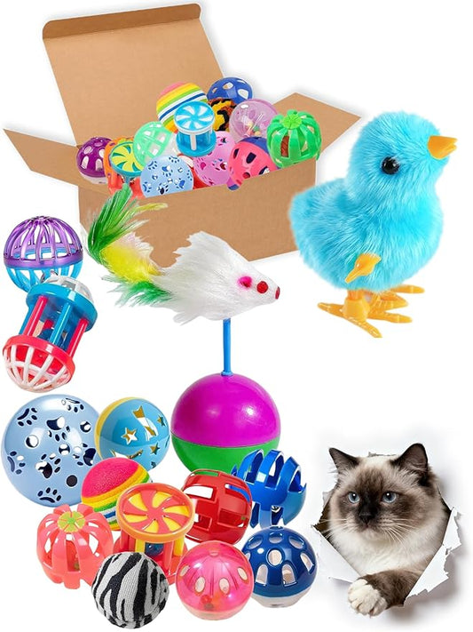 22 Pcs Luxury Cat Toys Set, Indoor Cat Toys for Bored Kittens, Wind-Up Chick Tumbler Mouse Jingle Balls, Interactive Cat Play Toys for All Cat Ages (1.5'' - 6.3'')