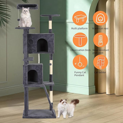 BestPet | 81" Cat Tree Tower | Dark Gray | Sturdy, Easy to Assemble, Multi-Level Activity Center with Sisal Scratching Posts, Condos, Perches, Hanging Cat Toys, Observation Decks & Ladder