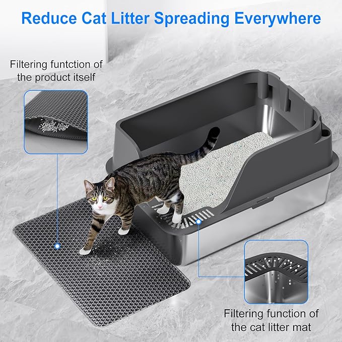 Non-stick Stainless Steel Litter Box, XL Side Opening Splash-Proof & Leak-Proof Seamless Seal, Ellenpent Large Capacity, Cat Litter Box with Lid for Multi-Cats, Large Cats, Easy-Clean & Durable (Gray)