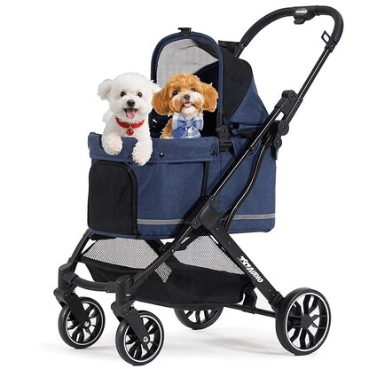 797Audio Dog Stroller for Small Medium Dogs, Pet Stroller for Cats Puppy Up to 121lbs,Foldable,One Click Folding,4 Wheel Shock Absorption,Adjustable Canopy with Sun Shades,Removable Washable Pad(Blue)