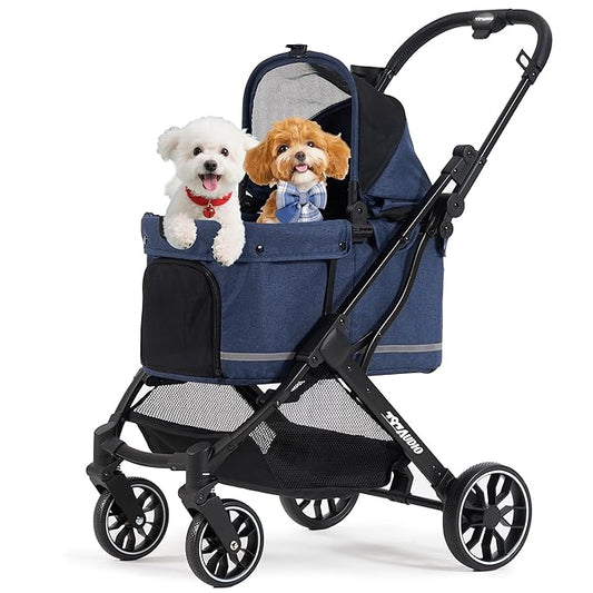 797Audio Dog Stroller for Small Medium Dogs, Pet Stroller for Cats Puppy Up to 121lbs,Foldable,One Click Folding,4 Wheel Shock Absorption,Adjustable Canopy with Sun Shades,Removable Washable Pad(Blue)