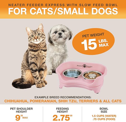 Neater Feeder Express Mess Proof Dog Bowls Elevated for Small Breed – Made in USA – No Spill Raised Slow Feeder Elevated Dog Bowl Stand, Stainless Steel Food and Water Bowl Set, Pink