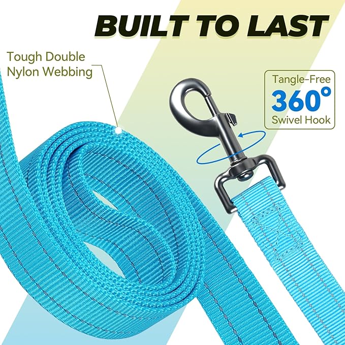 VIVAGLORY Dog Leash Twingrip Double Handle Dog Leash with Traffic Handle Control & 2 Loop for Walking & Training, Reflective Heavy Duty for Puppy Pet Collar, 5ft x 1in, Lake Blue