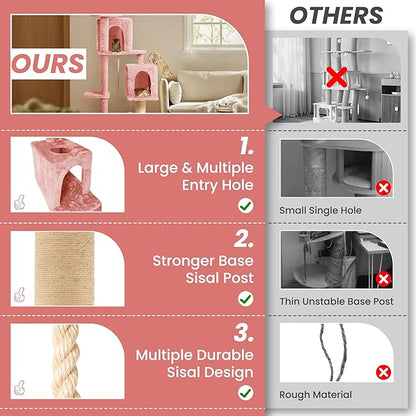 58in Large Cat Tree Tower for Indoor Cats with Soft Plush Hang Ball, Two Condos, Sisal Scratch Posts & Rope Play for Kittens/Adult Cats, Pink