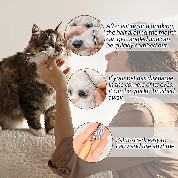 Small Dog Comb with Wooden Handle Dog Eyes&Mouth&Face Metal Comb Pet Fine Tooth Flea Comb Pet Grooming Tool for Dogs and Cats Remove Loose Hair Dirt Fleas