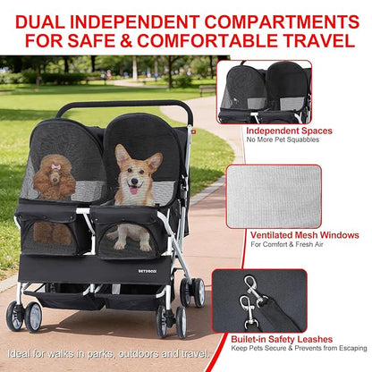 Double Pet Stroller for 2 Small Dogs & Cats, Side-by-Side Twin Travel Carriage with Safety Leashes, Mesh Windows & Double Storage Baskets, Lightweight & Foldable, 44lbs Capacity, Black