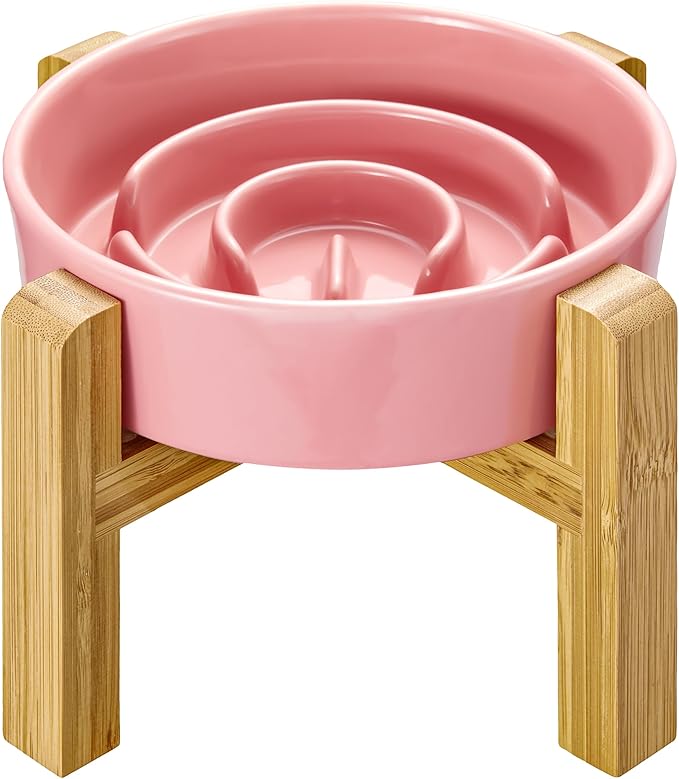 Ceramic Slow Feeder Dog Bowls Elevated, 0.6 Cup Slow Feeder for Small Dogs, Puzzle Maze Bowl, Prevents Choking, 6in, Pink