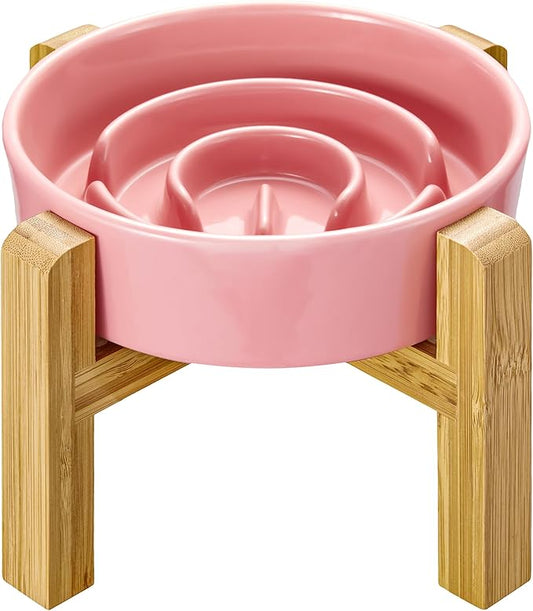 Ceramic Slow Feeder Dog Bowls Elevated, 0.6 Cup Slow Feeder for Small Dogs, Puzzle Maze Bowl, Prevents Choking, 6in, Pink