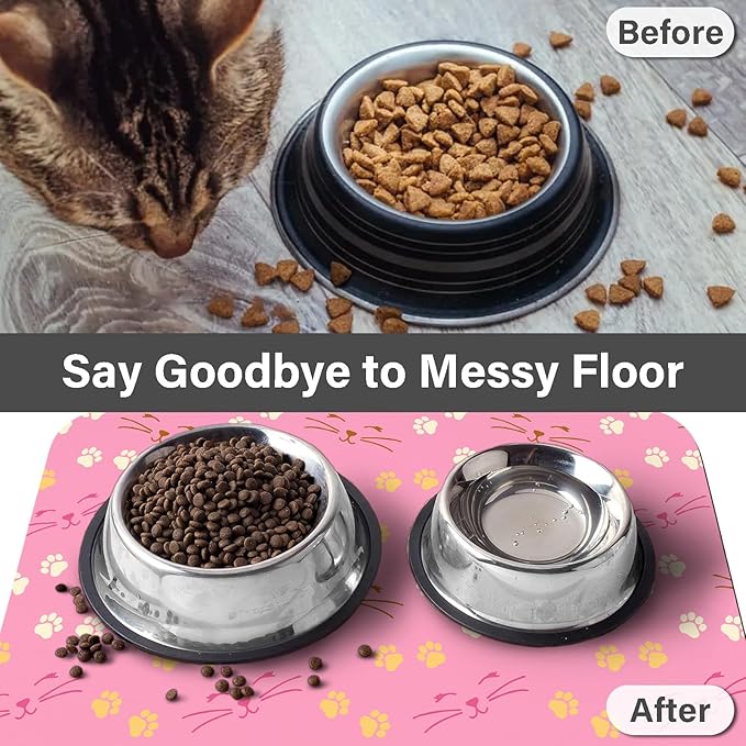 Patterned Cat & Dog Bowl Mat for Food and Water, 12"×20" Quick Dry Absorbent Pet Feeding Mat, Eco-Friendly Dog Placemat