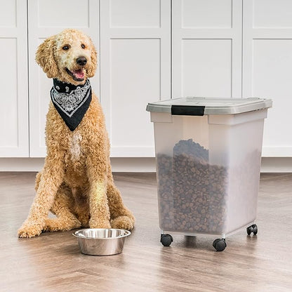 IRIS USA Airtight Dog Food Storage Container, WeatherPro, Up to 50 lbs, Removable Wheels, for Dog Cat Bird and Other Pet Food Storage Bin, Keep Fresh, Translucent Body, Made in USA, Clear/Gray