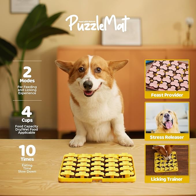 Puzzle Feeder Silicone Mat with Suction Cups, Slow Feeder Bowl for Dry and Wet Food, Dog Enrichment for All Breed Dogs, Yellow