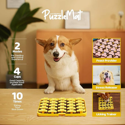Puzzle Feeder Silicone Mat with Suction Cups, Slow Feeder Bowl for Dry and Wet Food, Dog Enrichment for All Breed Dogs, Yellow