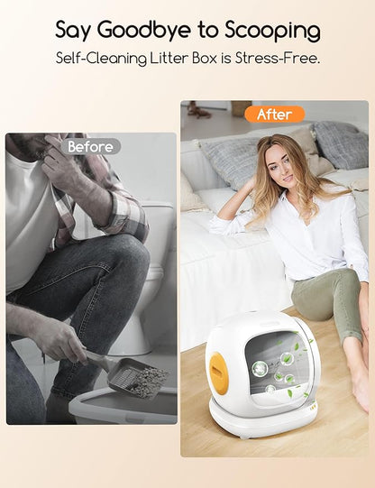 Meowant Self Cleaning Cat Litter Box - Open-Top Automatic Litter Box with APP, 0 Risk of Stuck Cats, Safer Automatic Litter Boxs, Low Entrance for Multiple Cats