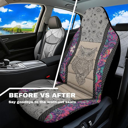 Owl Car Front Seat Covers Waterproof Universal Front Seat Cover Boho Floral Removable Automotive Accessories Suitable for Cars, SUV and Trucks