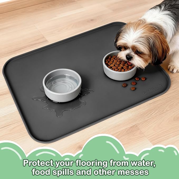 100% Waterproof Silicone Pet Feeding Mat,Warped Resistant Raised Edge BPA-Free Dog Cat Food Mats, Non-Slip Pet Placemat with High Lip to Prevent Spills, Dishwasher Safe, 21.5"x14" Black