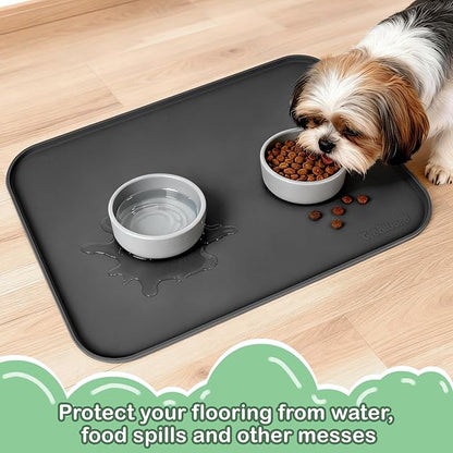 100% Waterproof Silicone Pet Feeding Mat,Warped Resistant Raised Edge BPA-Free Dog Cat Food Mats, Non-Slip Pet Placemat with High Lip to Prevent Spills, Dishwasher Safe, 21.5"x14" Black
