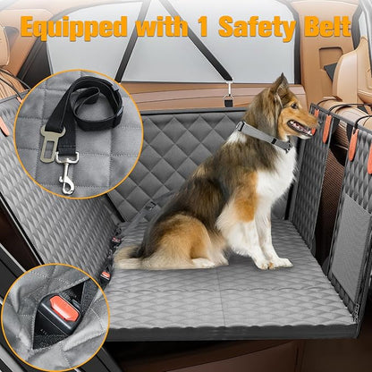 PETICON Back Seat Extender for Dogs, Hard Bottom Dog Car Seat Cover - Supports 400lbs, Rear Seat Pet Cover with Mesh Window, Waterproof Dog Hammock for Car SUV