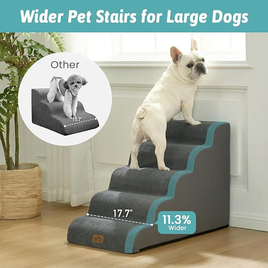 Wide Dog Stairs for Small Dog 22.6" H, Curved Pet Step for Puppy, Older Cat, Curved Ramp for High Bed or Car, Ladder with High Density Foam, Durable, 5 Step, 17.7x33x22.6 inch, Dark Grey