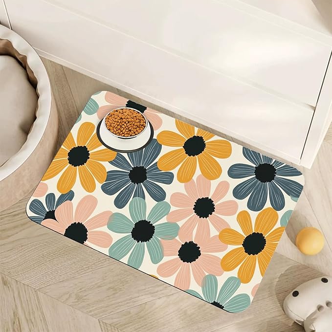 Abstract Daisy Flower Dog Food Mat for Floors,Retro Groovy Flowers Absorbent Pet Food and Water Bowl Mats,Non-Slip Pet Feeding Mat,Pet Supplies 16" x 24"