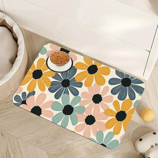 Abstract Daisy Flower Dog Food Mat for Floors,Retro Groovy Flowers Absorbent Pet Food and Water Bowl Mats,Non-Slip Pet Feeding Mat,Pet Supplies 12" x 20"